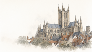 Watercolor-style illustration of a grand Gothic cathedral towering over a row of brick houses in the foreground.